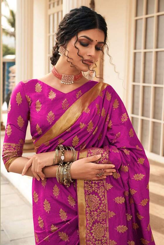 Magenta Purple Zari Butta Woven Banarasi Silk Saree