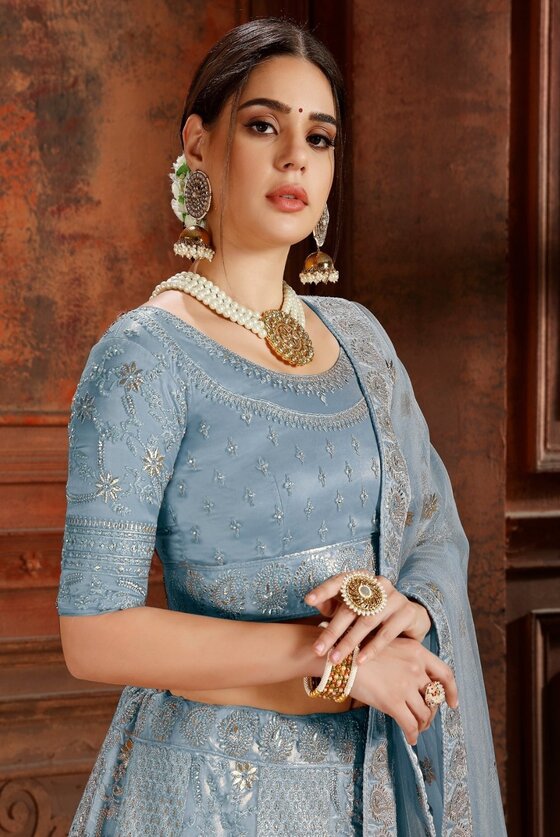 Pigeon Blue Lehenga Choli With Stone, Pearl & self Embroidered work