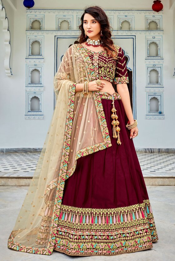 Maroon Soft Silk Lehenga With Multi-embroidered Border & Blouse