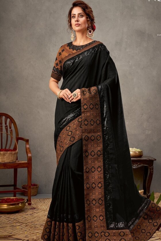 Onyx Black Tussar Silk Saree With Thread & Sequins Embroidery