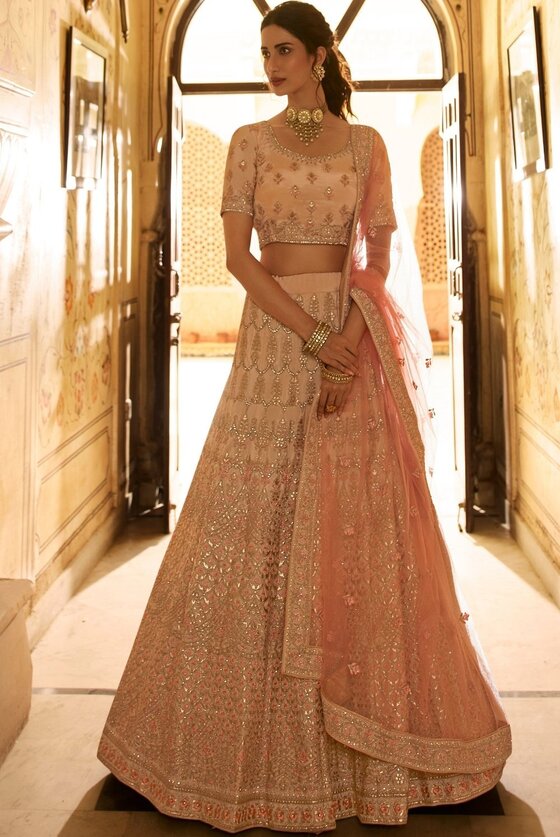 Salmon Pink Crepe Lehenga Choli With Zari, Dori, Thread & Gota Work