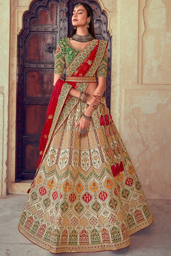 Beige Brown & Red Banarasi Silk Lehenga Choli With Jarkan, Cutdana, And Hand Embroidery Work