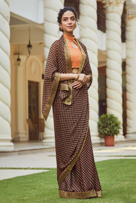 Tawny Brown Printed Banarasi Silk Saree