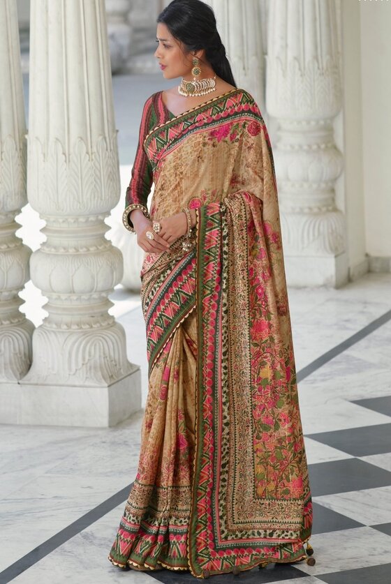 Biege Brown Floral Digital Print Silk Saree