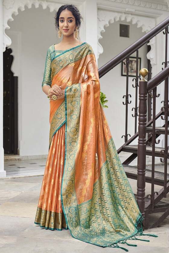 Tangerine Orange Woven Tissue Silk Saree With Banarasi Border & Pallu