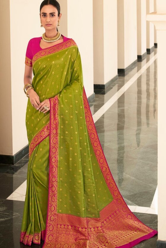 Olive Green Woven Kanjivaram Silk Saree With Contrast Border & Pallu