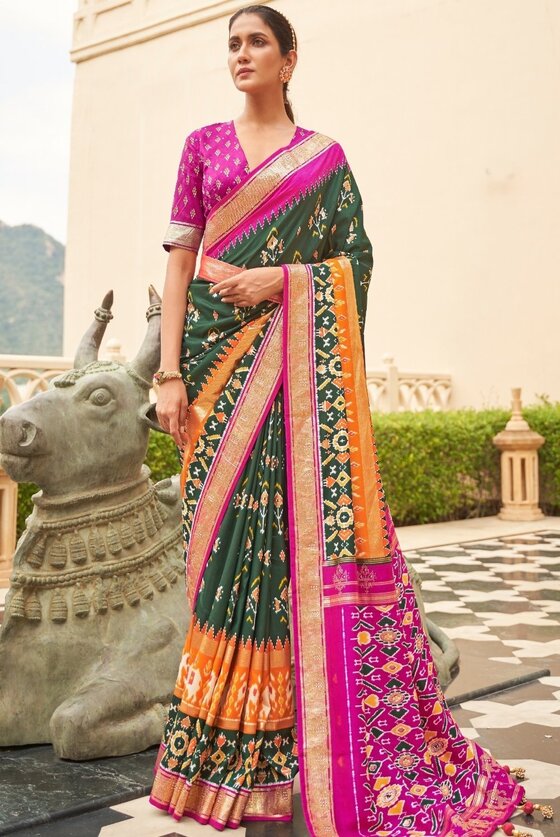 Green & Pink Patola Silk Saree with Zari Borders