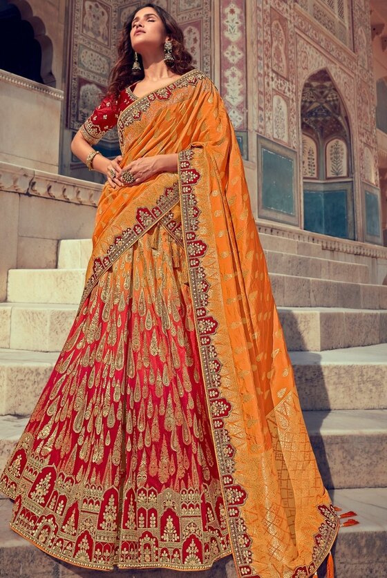 Orange & Red Banarasi Silk Lehenga Choli With Heavy Embroidery Blouse & Border