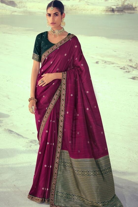 Jam Purple Woven Banarasi Silk Saree With Embroidered Border & Swarovski Work