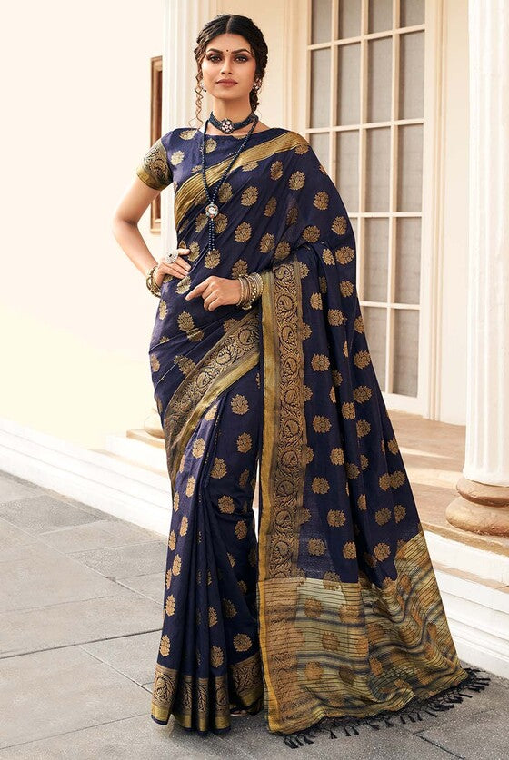 Navy Blue Zari Butta Woven Banarasi Silk Saree