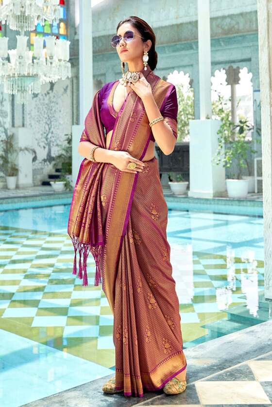 Golden Purple Kanjivaram Zari Silk Saree