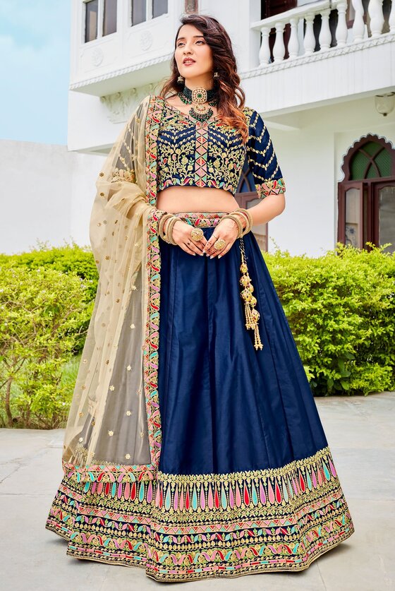 Blue Soft Silk Lehenga With Multi-embroidered Border & Blouse