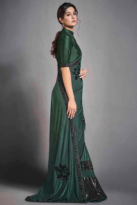 Sacramento Green Designer Lycra Saree With Sequins Embroidery & Applique Work