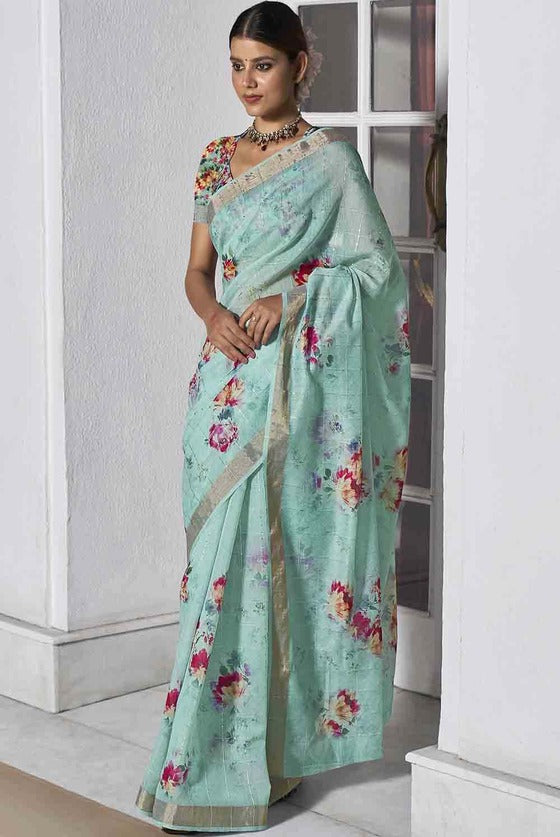 Sapphire Blue Digital Floral Printed Linen Saree With Sequins Weaving