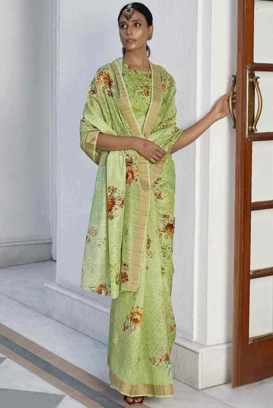 Chartreuse Green Digital Floral Printed Linen Saree With Sequins Weaving