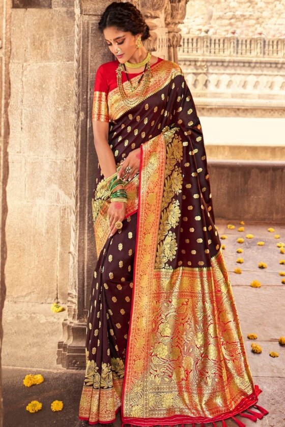 Hickory Brown Woven Banarasi Silk Saree