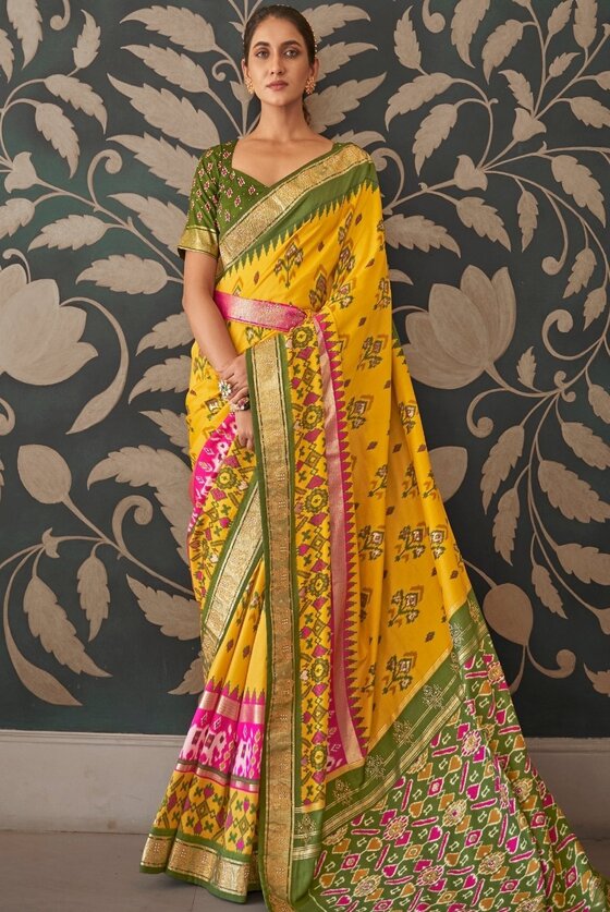 Yellow & Green Patola Silk Saree with Zari Borders