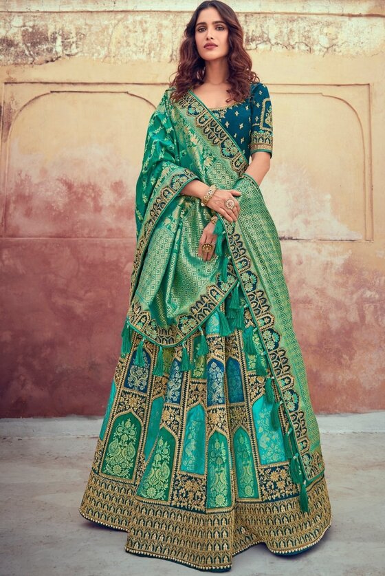 Jade Green Banarasi Silk Lehenga Choli With Heavy Embroidery Blouse & Border