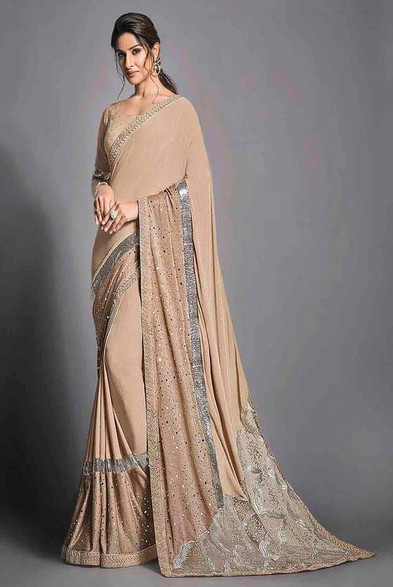 Beige Brown Designer Lycra Saree With Zari & Sequins Embroidery