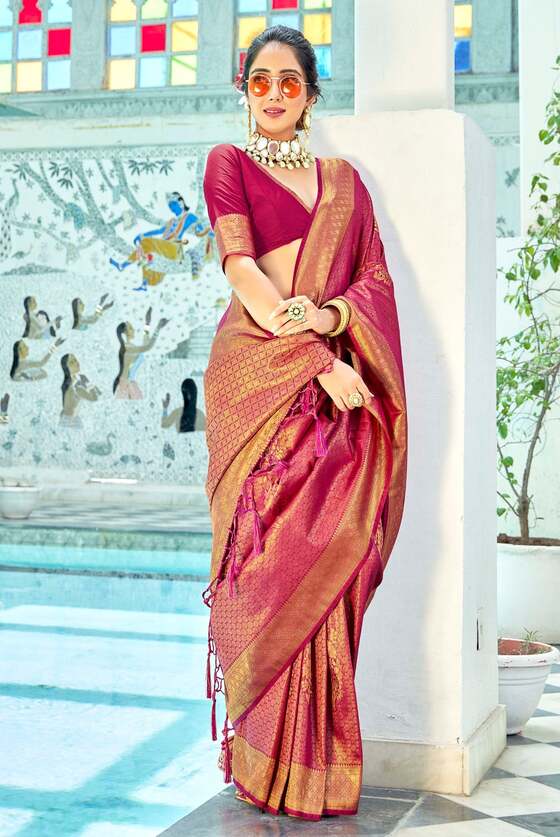 Maroon Pink Kanjivaram Zari Silk Saree