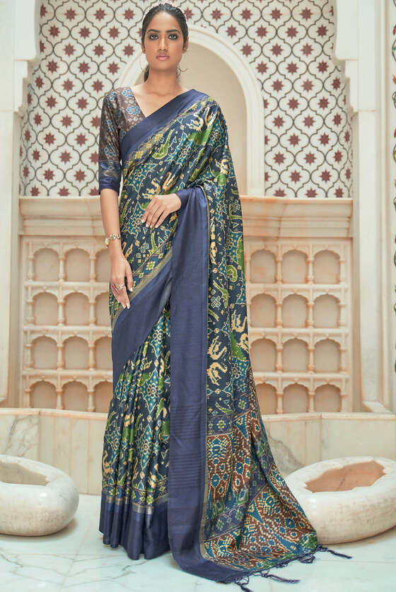 Marine Blue Digital Patan Patola Printed Silk Saree