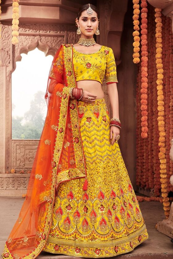 Corn Yellow Embroidered Silk Lehenga Choli