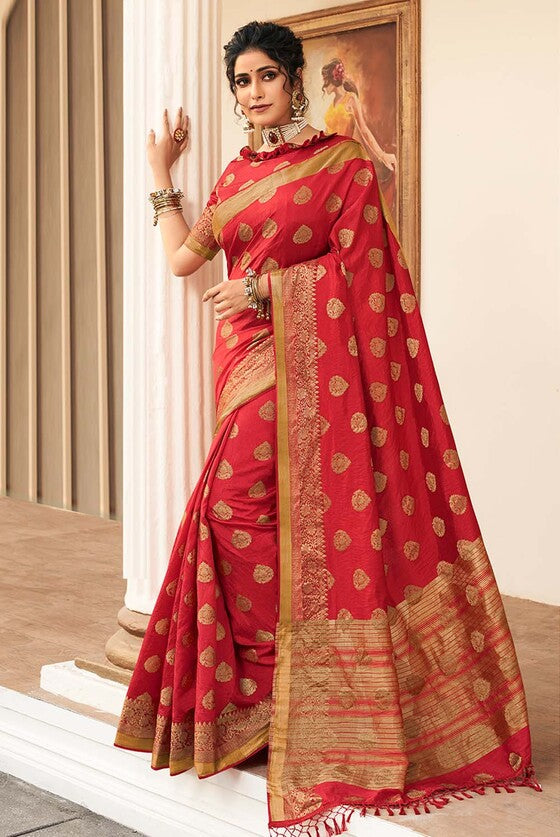 Crimson Red Zari Butta Woven Banarasi Silk Saree