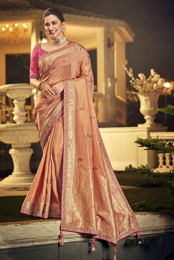 Peony Peach Designer Silk Saree With Embroidered Blouse