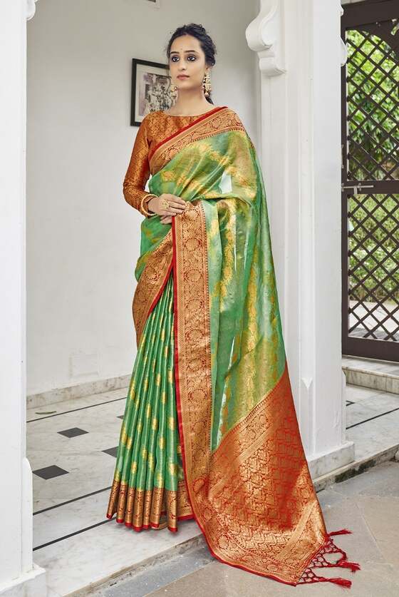 Clover Green Woven Tissue Silk Saree With Banarasi Border & Pallu