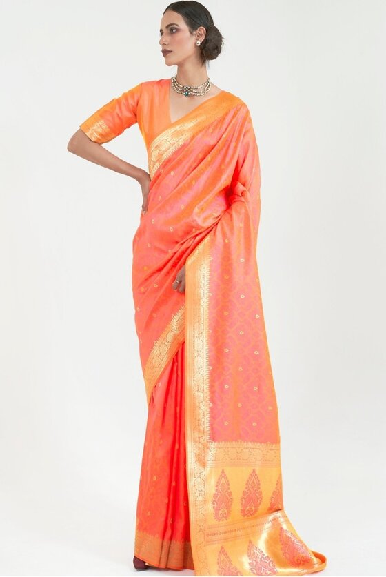 Orange Zari Woven Self Embossed Banarasi Silk Saree