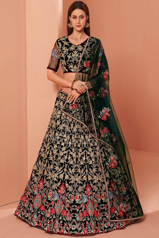 Mud Green Designer Embroidered Lehenga