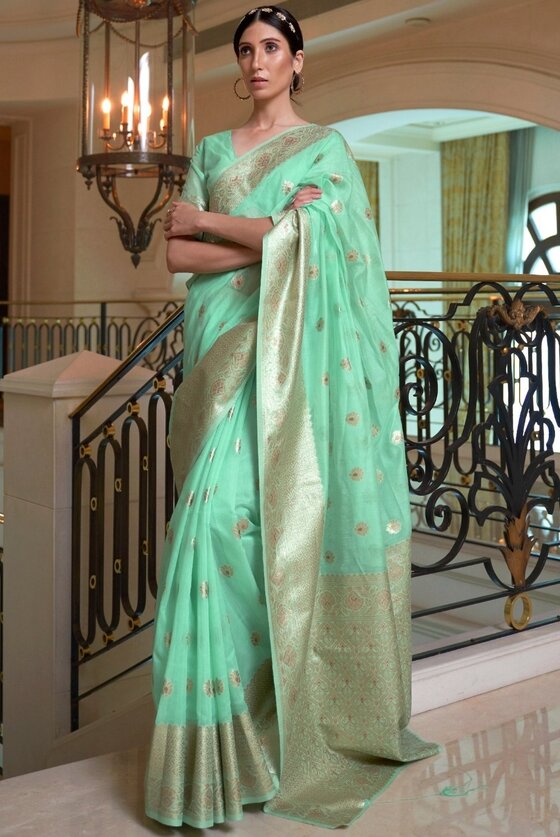 Mint Green Woven Chanderi Banaras Silk Saree