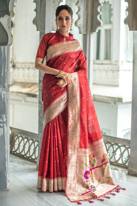 Light Maroon Tussar Silk Zari Woven Saree With Paithani Border And Pallu