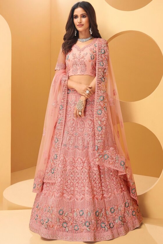 Rose Pink Exclusively Designed Heavy Embroidered Net Lehenga Choli