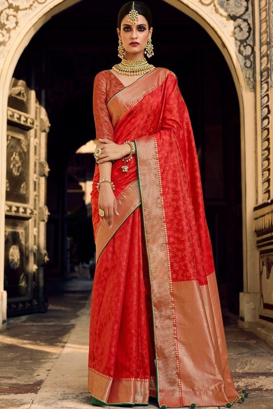 Crimson Red Self Embossed Zari Woven Banarasi Silk Saree