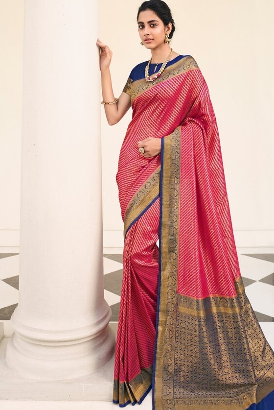 Ruby Pink Woven Kanjivaram Silk Saree With Contrast Border & Pallu