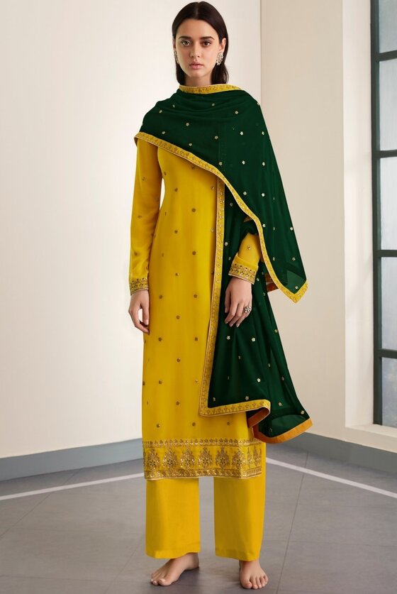 Electric Yellow Georgette Embroidered Anarkali Suit