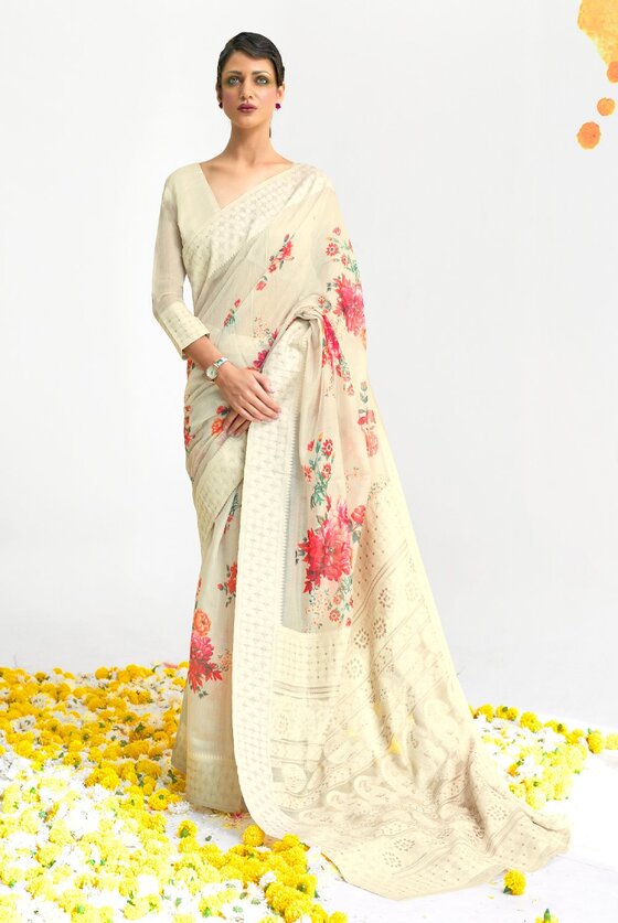 Cream White Lucknowi Linen Saree with Digital Print