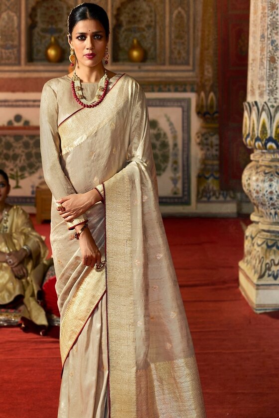 Light Brown Zari Woven Raw Silk Fusion Banarasi Saree