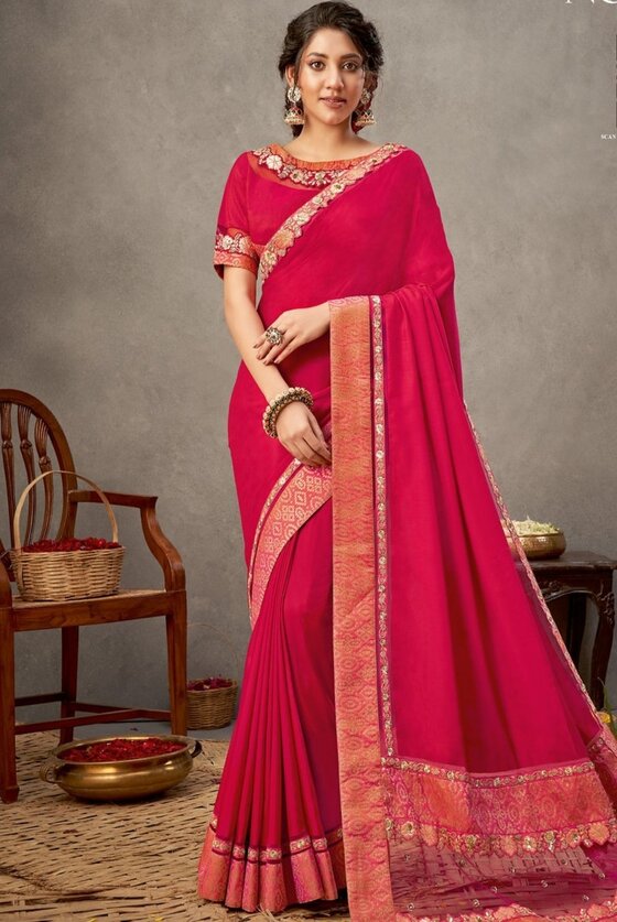 Crimson Pink Dual Tone Georgette Silk Saree With Thread, Zari & Cord Embroidery