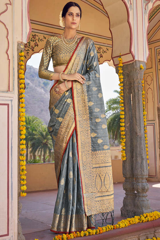 Mayur Grey Woven Banarasi Linen Saree