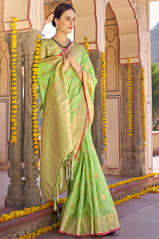 Canary Green Woven Banarasi Linen Saree