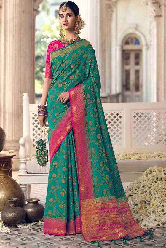 Pine Green Floral Zari Woven Raw Silk Saree