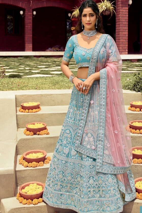 Picton Blue Organza Lehenga Choli With Dori, Zarkan & Gota Work