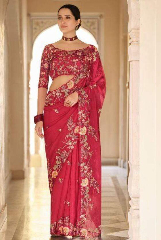 Red Exclusive Organza Designer Saree