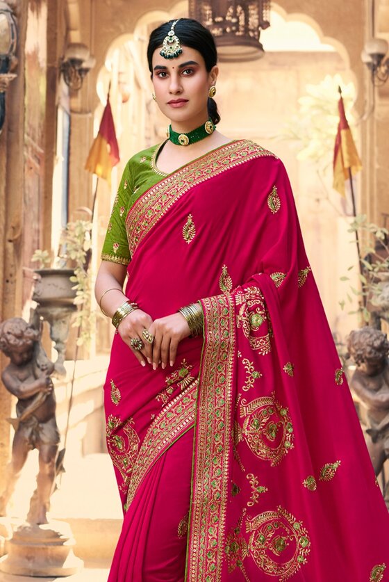 Red Designer Embroidered Silk Saree