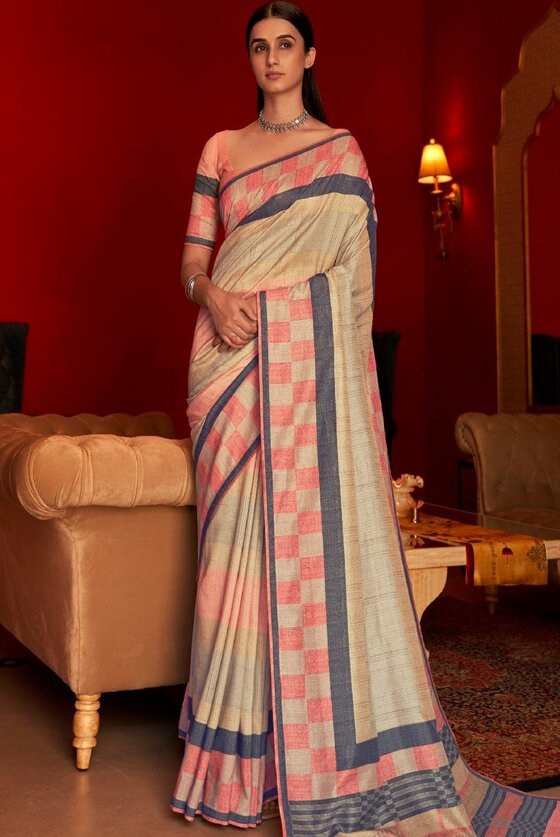 Ivory White & Pink Designer Silk Saree