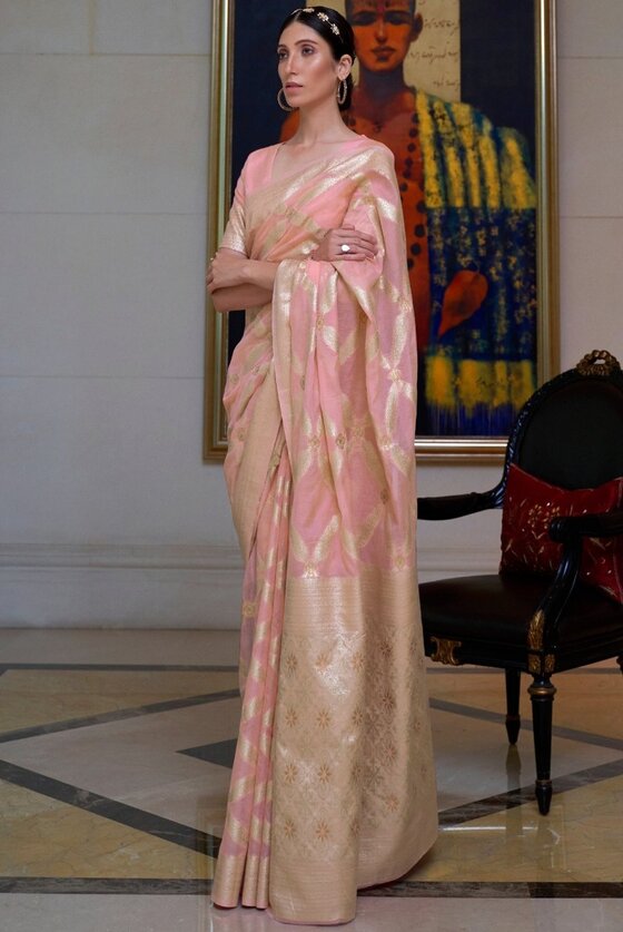 Sweet Pink Woven Chanderi Banaras Silk Saree