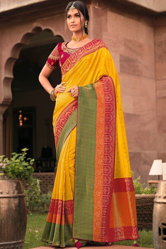 Pineapple Yellow Woven Banarasi Silk Saree With Embroidered Blouse