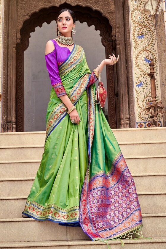 Lime Green Woven Banarasi Soft Silk Saree